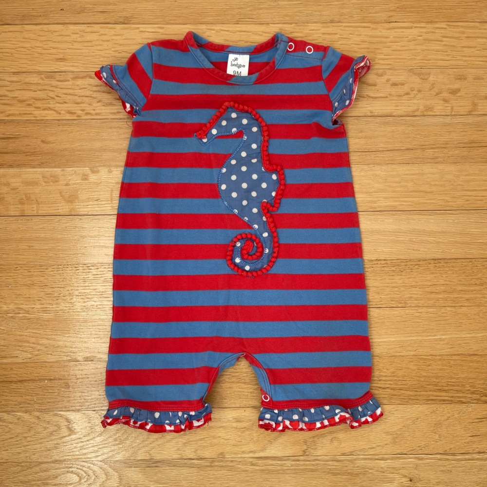 ADORABLE Embroidered Appliqué Polka Dot Striped Pom Pom Seahorse Romper